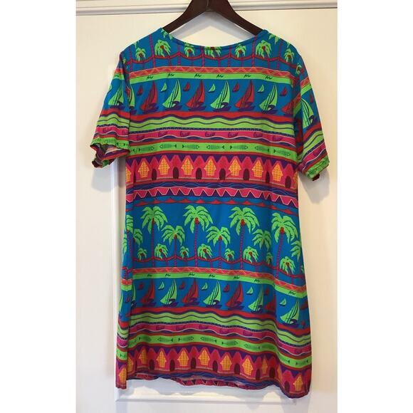Spa Brand Dress Size Xl Tropical Print Beaded Palm Trees Sailboats Short Sleeves - Picture 4 of 8